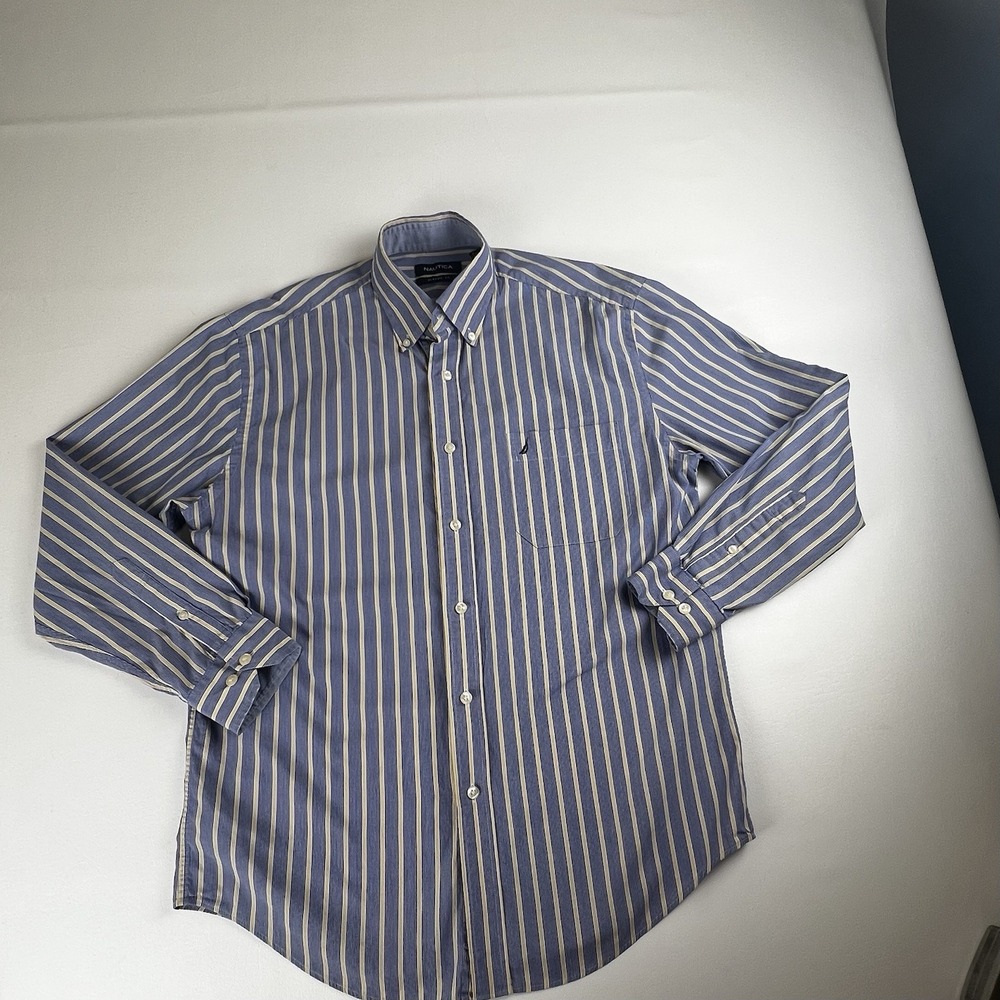 Nautica Mens Classic Fit Striped Button Down Shirt Blue Yellow 15 32/33 Cotton
